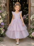 Lavender Tulle A-Line Flower Girl Dress with Sleeveless, Jewel Neck, Tea-Length Skirt, Bow Detail Style 403635 front view