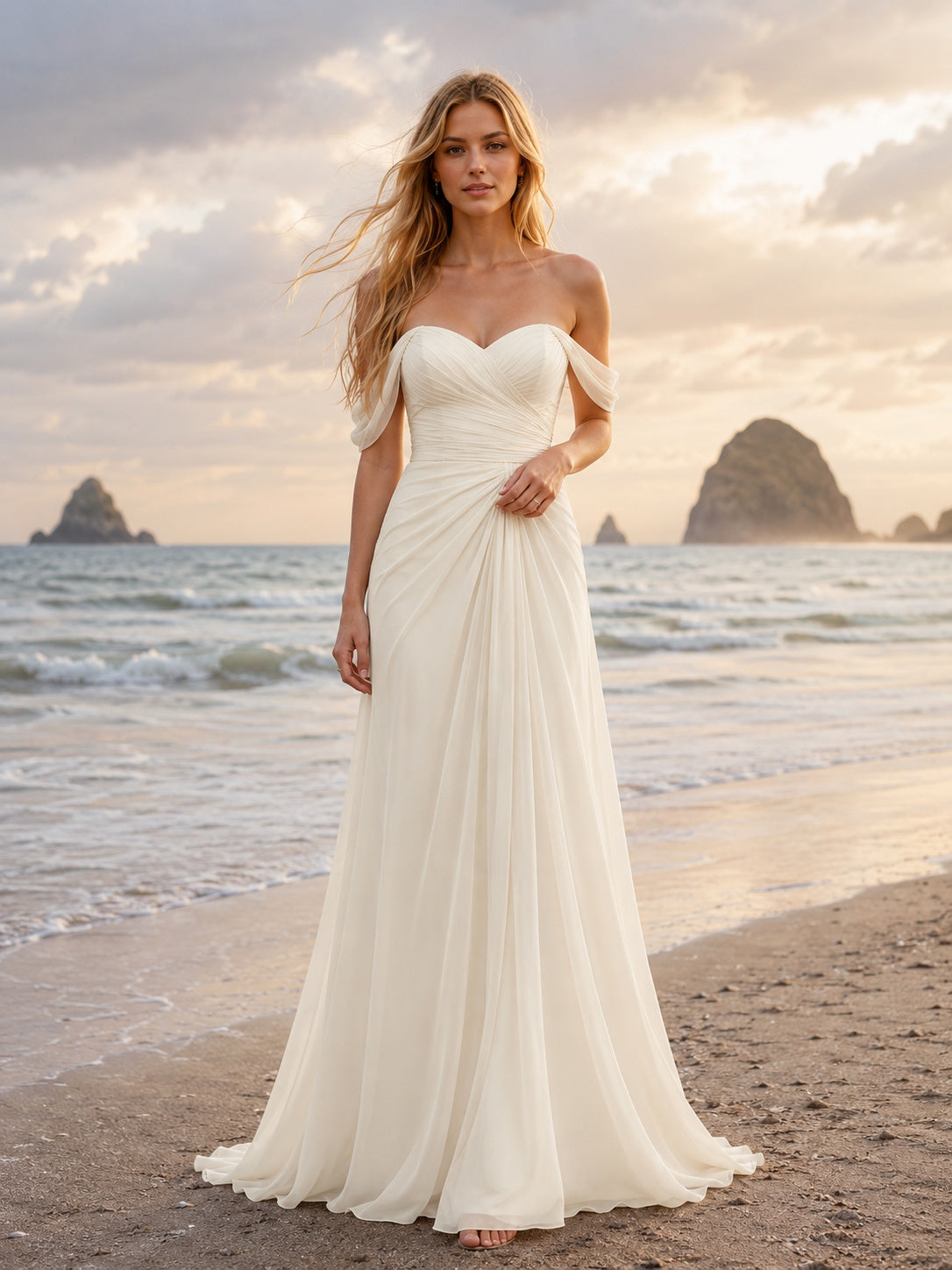 Ruched Chiffon Off-Shoulder Windswept Beach Elopement Bridal Gown front view