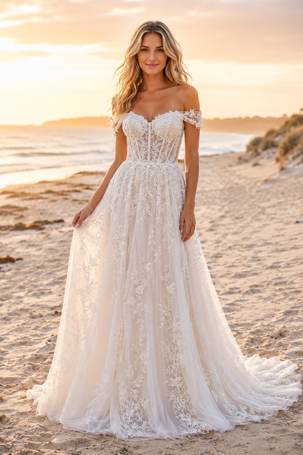 Ivory Off Shoulder Sweetheart Lace Tulle A-Line Wedding Dress Chapel Train for Bridal Ceremony and Reception Style MG_700795