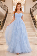 Plus Size Sky Blue Off-the-Shoulder Tulle Ball Gown Prom Dress with Sweetheart Bodice front view