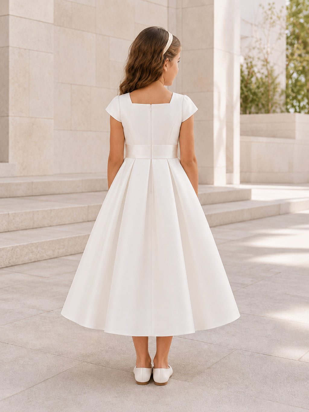Modern Square Neck Cap Sleeve Satin Communion Tea Dress back view