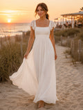 Flutter Sleeve Square Neck Flowing Beach Dinner Maxi Dress front view