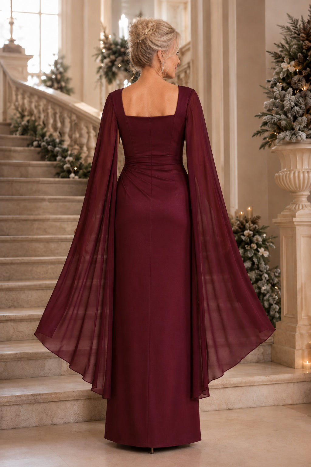Burgundy Square Neck Sheath Mother Dress with Long Cape Sleeves and Satin Finish back view
