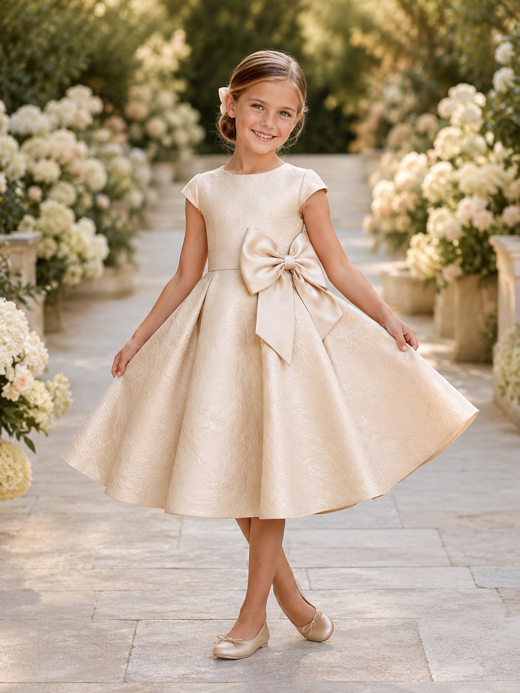 Flower Girl Dress Ivory Satin A-Line Sleeveless Jewel Neck Knee Length Bow Detail front view