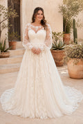 Ivory Plus Size High Neck Illusion Lace A-Line Wedding Dress with Long Sleeves and Train Style MG_700553 front view