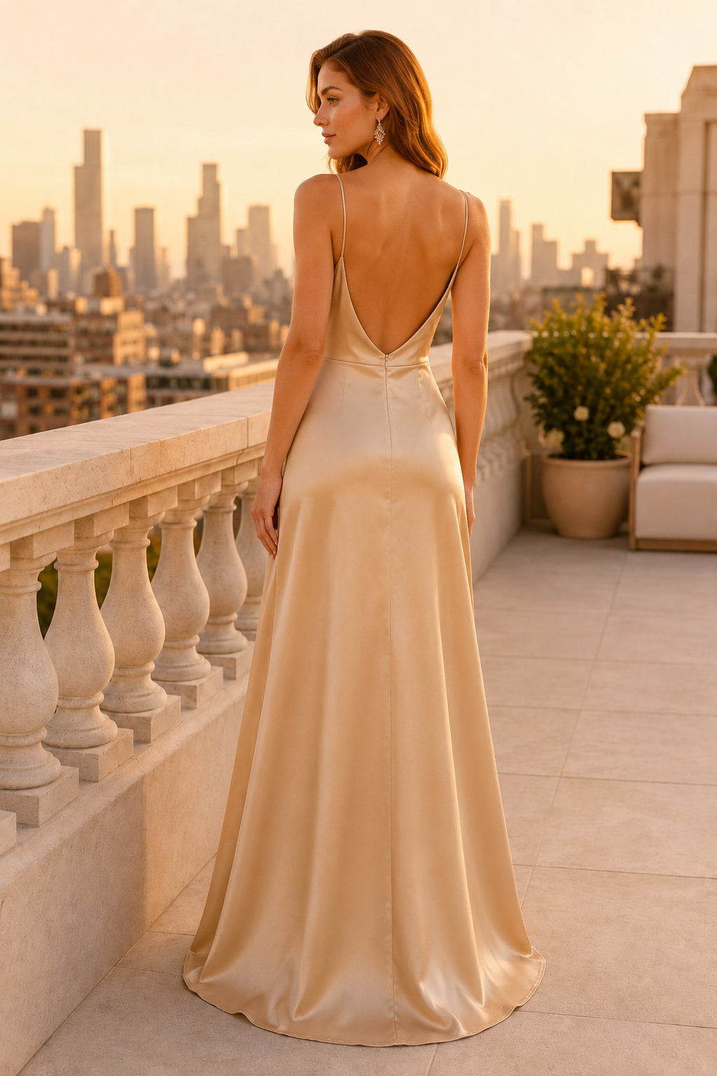 Champagne Champagne Cowl Neck Satin Sheath Dress with Side Slit Floor Length Sheath Bridesmaid Dress back view