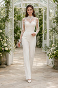 White High Neck Lace Bridal Jumpsuit front view