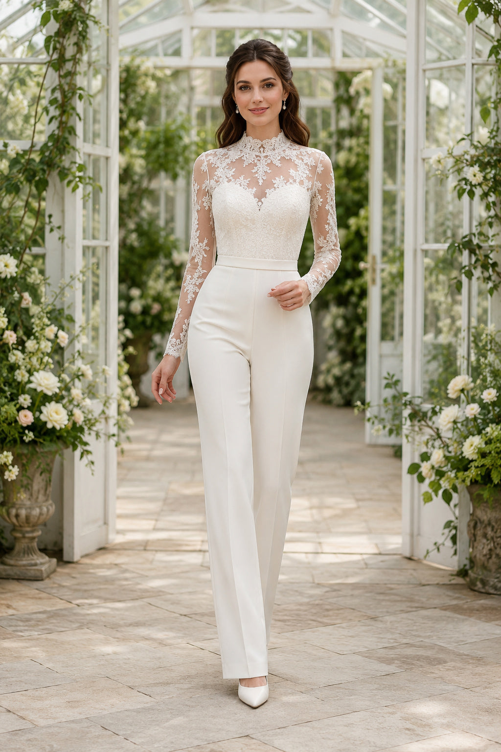 White High Neck Lace Bridal Jumpsuit front view