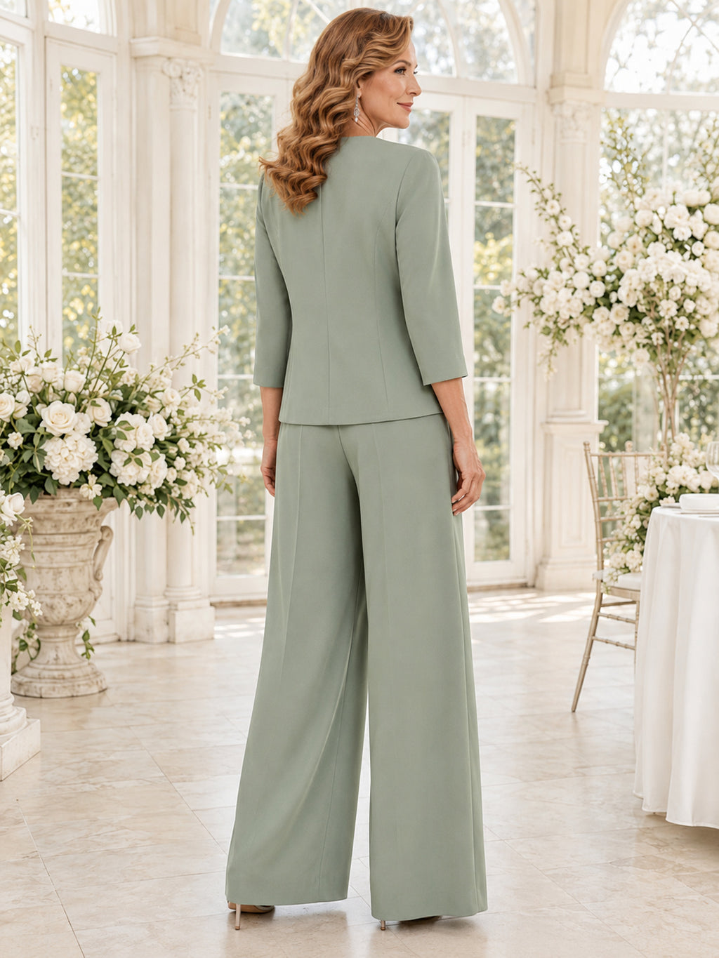 Sage Mother Pantsuit with V Neck Wrap Top, Tailored Jacket and Wide Leg Pants back view