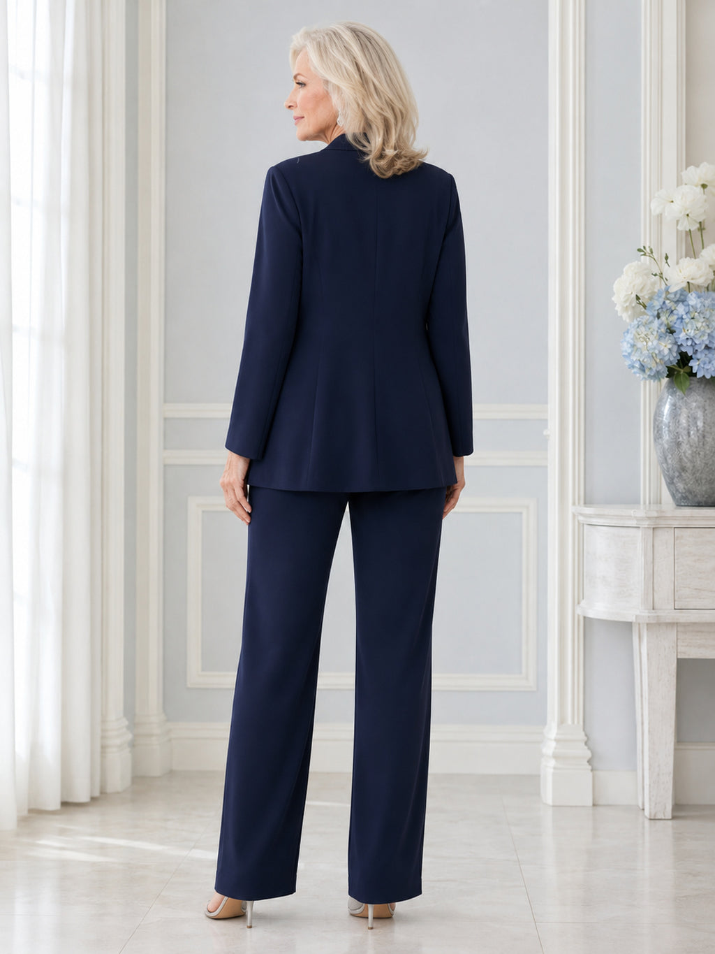 Dark Navy Modest Floor-Length Wide-Leg Mother of the Bride Crepe Pantsuit with Double-Breasted Long Blazer and V-Neckline bac
