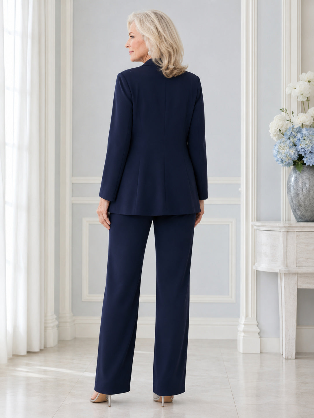 Dark Navy Modest Floor-Length Wide-Leg Mother of the Bride Crepe Pantsuit with Double-Breasted Long Blazer and V-Neckline bac