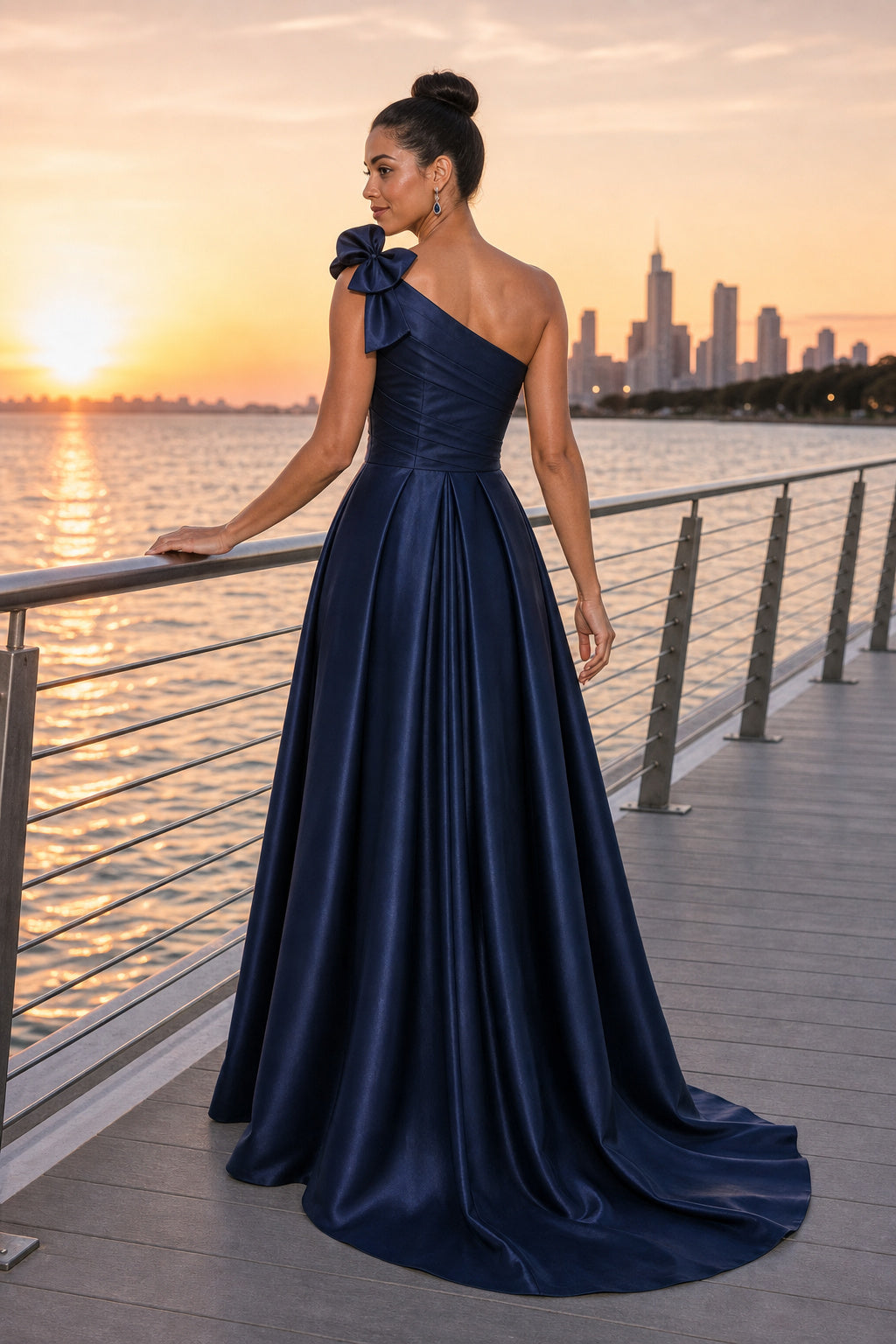 Navy One-Shoulder A-Line Satin Floor-Length Dress With Bow Shoulder