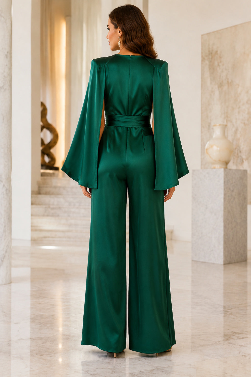 Dark Green Satin Cape Sleeve Jumpsuit with Cowl Neck and Wide Leg Pants for Formal Events back view