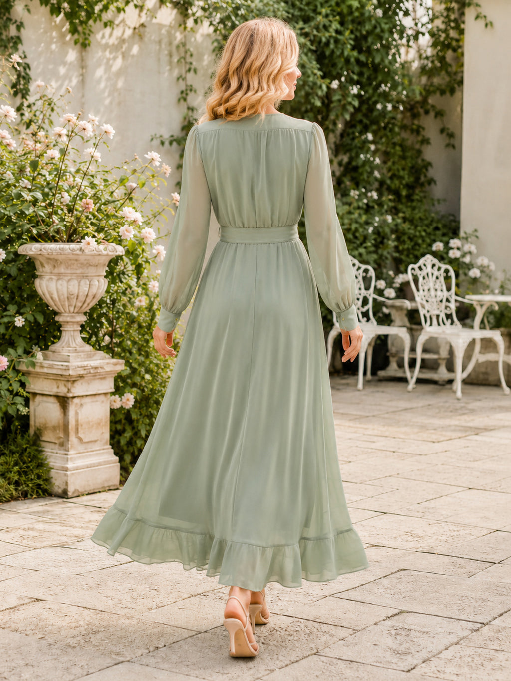 Sage Long Sleeve Wrap Chiffon Midi Occasion Dress back view