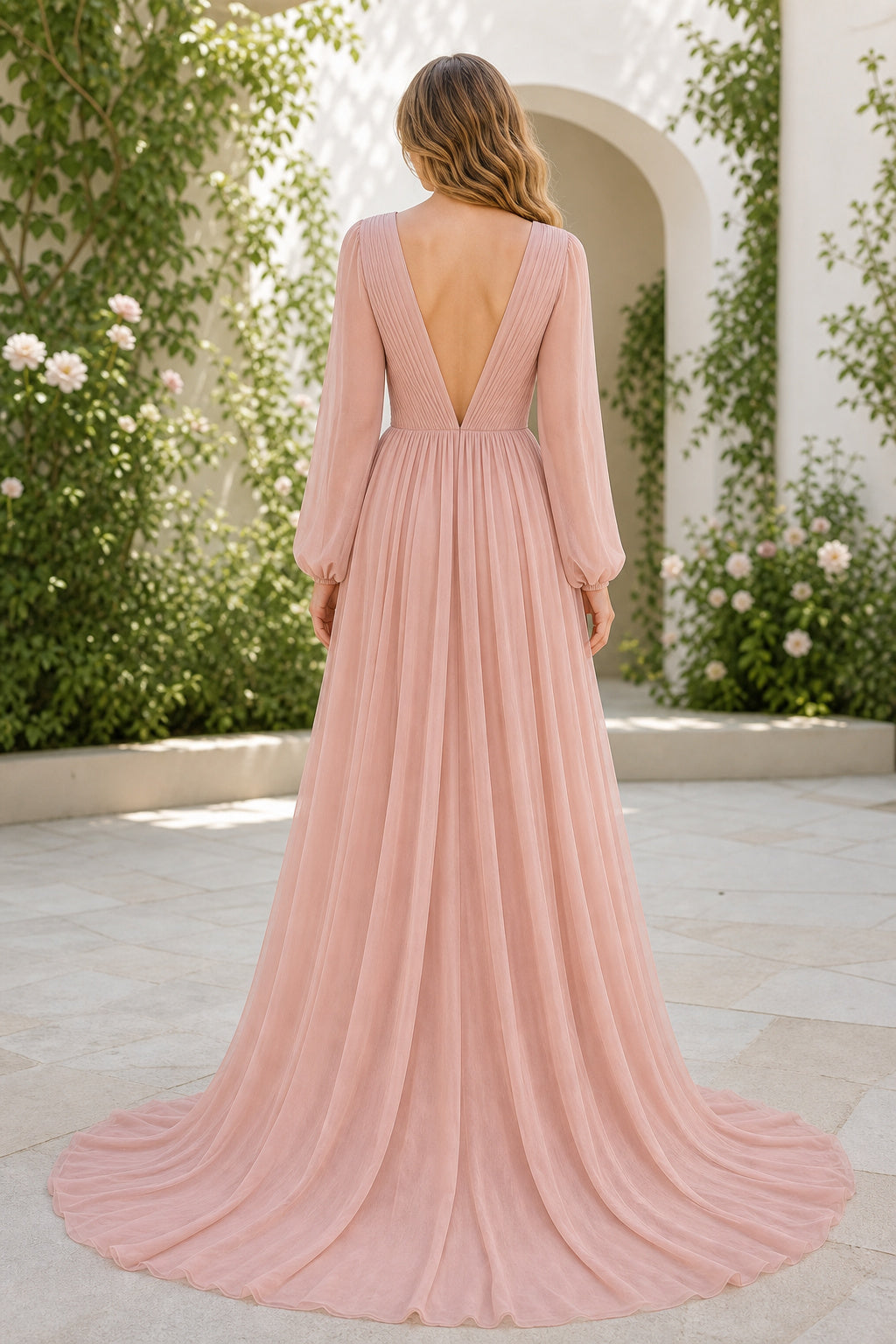 Blush Bateau Long Sleeve A-Line Chiffon Floor-Length Dress With V-back