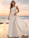 One-Shoulder Draped Chiffon Beach Ceremony Destination Bridal Gown front view