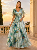 Peacock Feather Print V-Neck Flutter Sleeve A-Line Maxi Dress front view