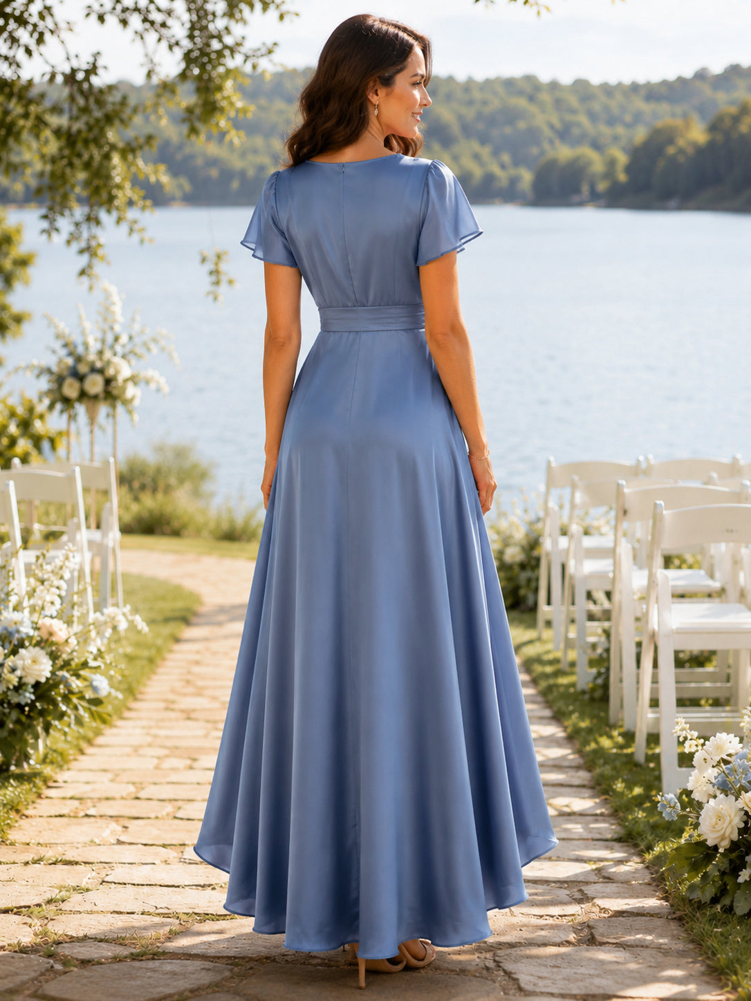 Dusty blue V neck flutter sleeve high low bridesmaid dress back view