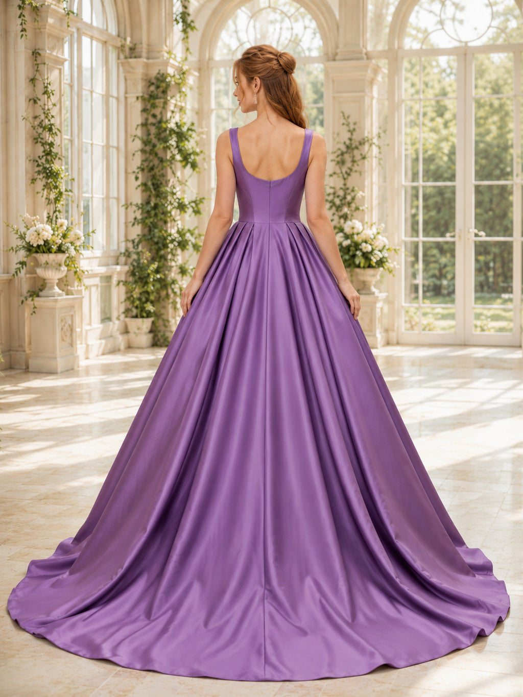 Grape Square Neck Straps Satin Ball Gown Court Train Wedding Gown back view