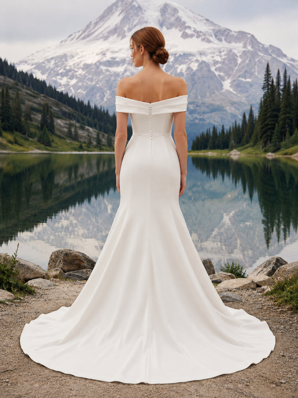 Off Shoulder Draped Satin Mermaid Court Train Minimal Mountain Wedding Gown back view