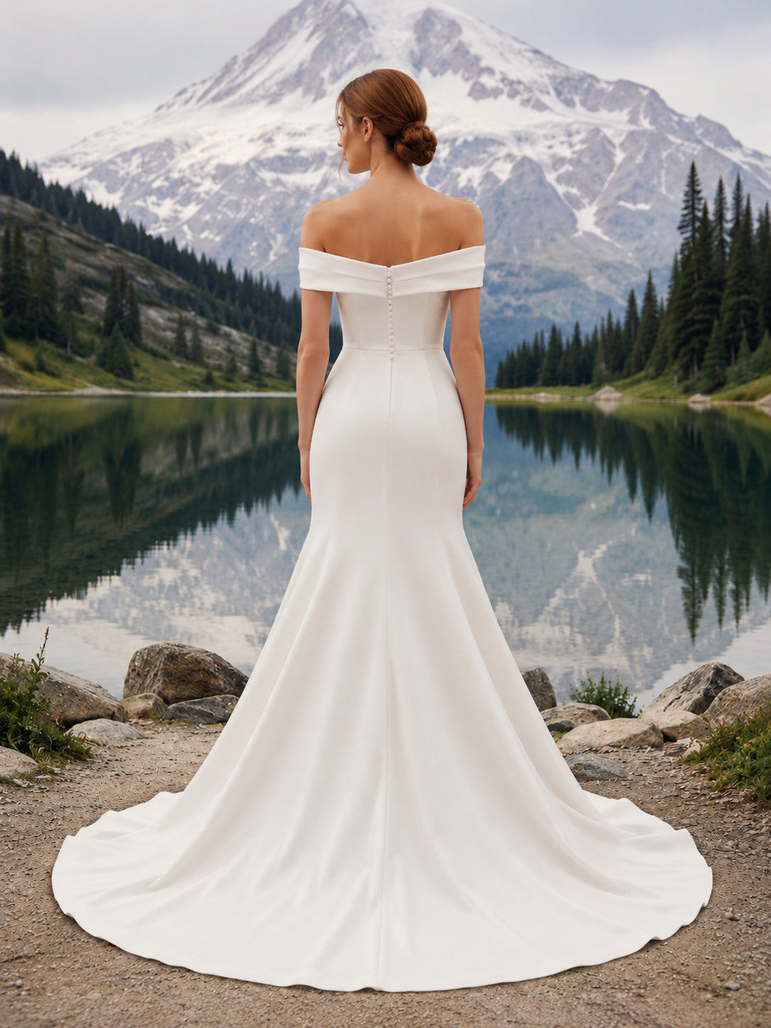 Off Shoulder Draped Satin Mermaid Court Train Minimal Mountain Wedding Gown back view