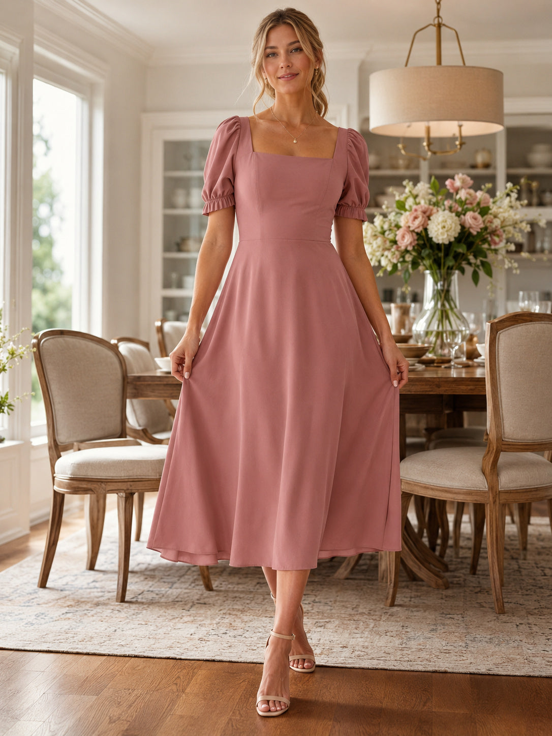 Dusty Rose Square Neck Short Sleeve A Line Midi Dress front view