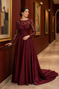 Burgundy Illusion Long Sleeve A-Line Satin Floor-Length Dress With Lace Bodice