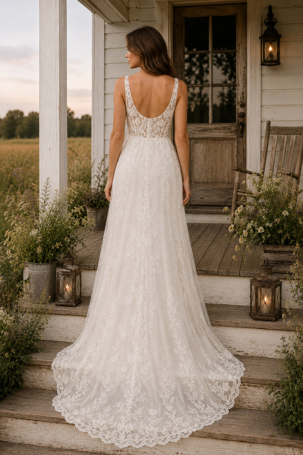 Ivory Square Neck Sleeveless Lace Sheath Wedding Dress with Low Back and Sweep Train back view