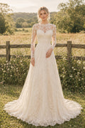 Ivory Modest High Neck A-Line Lace Tulle Wedding Dress with Long Lace Sleeves and Chapel Train front view
