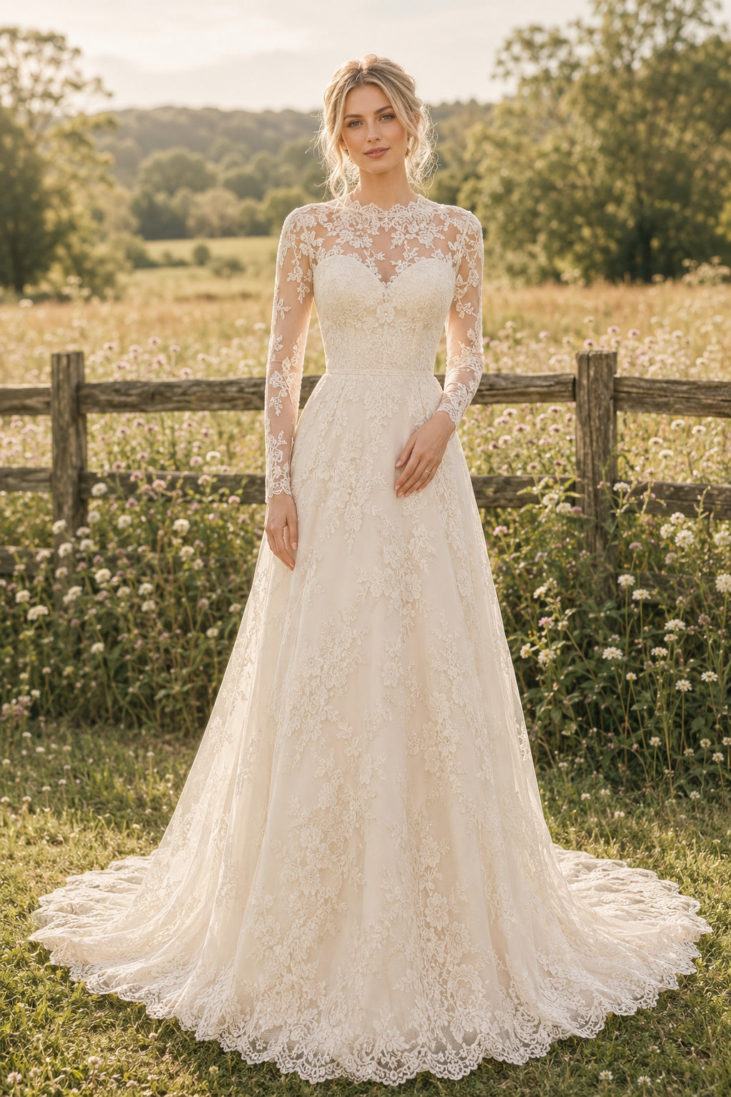 Ivory Modest High Neck A-Line Lace Tulle Wedding Dress with Long Lace Sleeves and Chapel Train front view