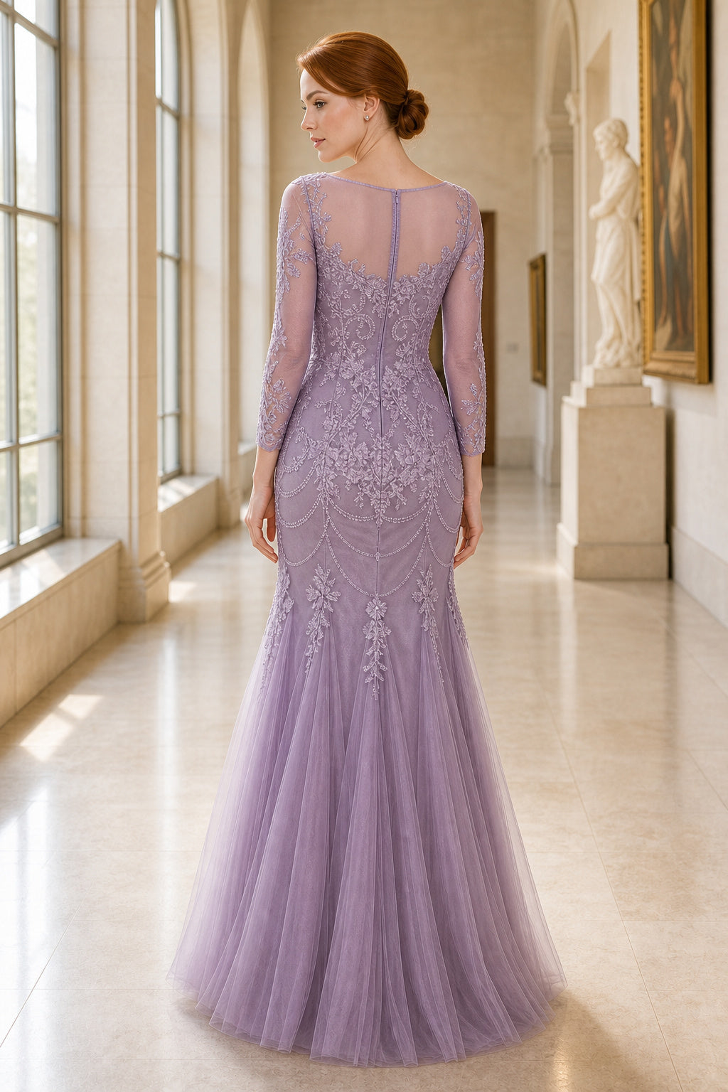 Lavender Bateau Long Sleeve Mermaid Tulle Floor-Length Dress With Sheer Sleeves