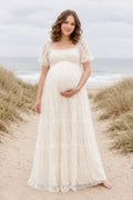 Ivory Maternity Square Neck Short Sleeve Lace Tea-Length Wedding Dress with Tiered Skirt front view