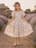 A-Line Flowergirl Floral Print Tulle Tea-Length Puff Sleeve Prairie Wedding Dress front view