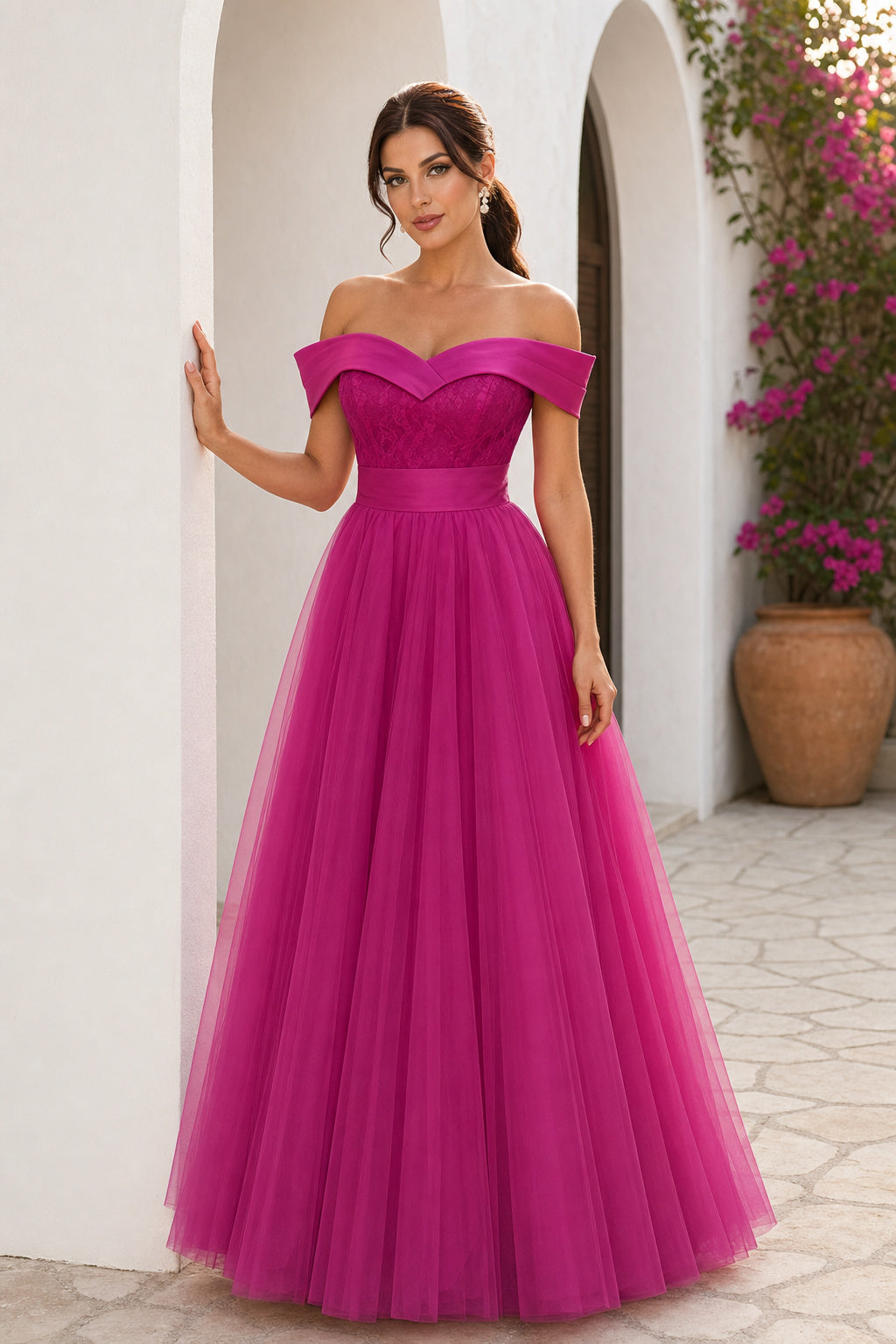 Hot Pink Off-the-Shoulder A-Line Tulle Floor-Length Dress With Pleated Bodice