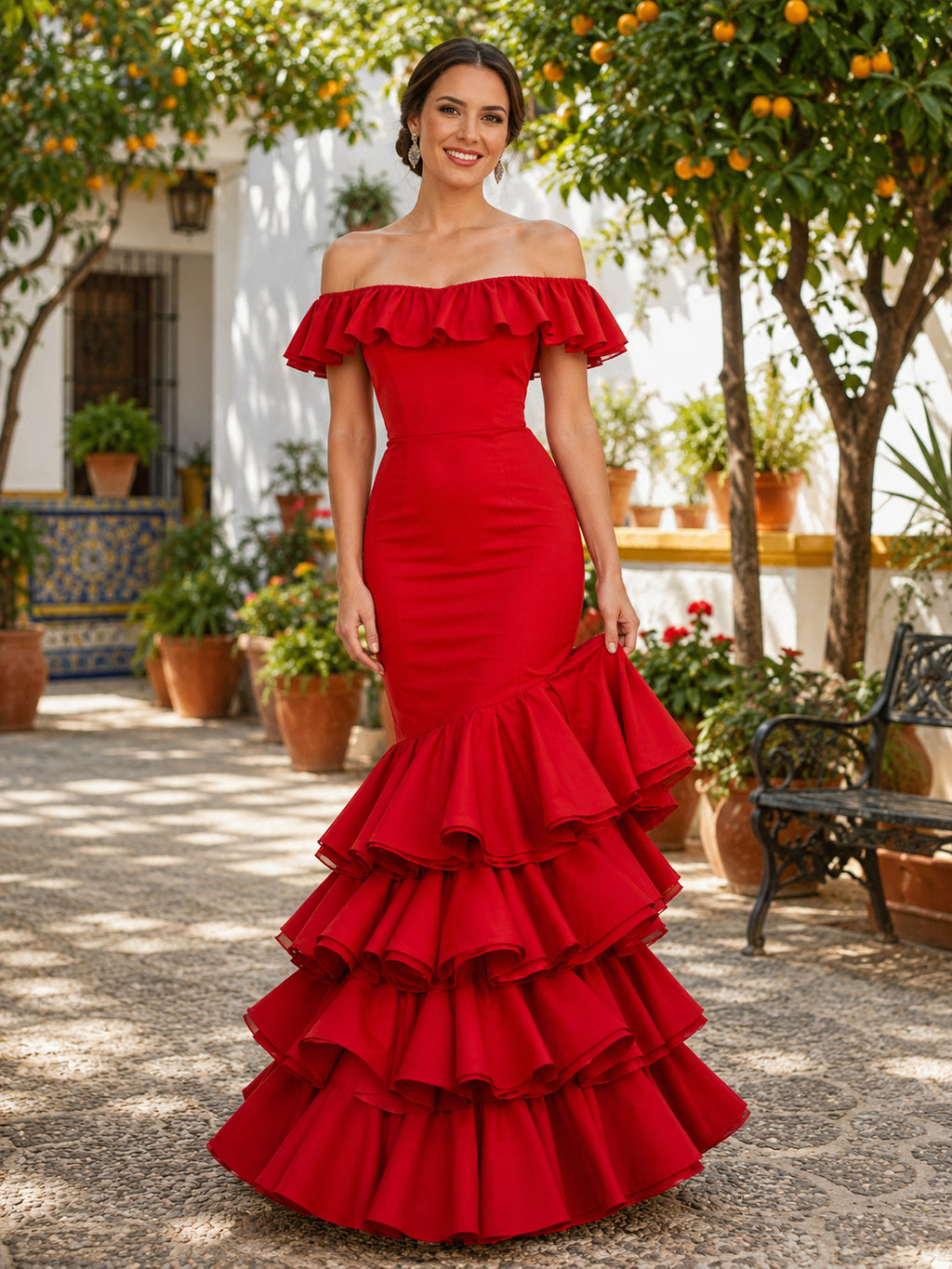 Red Off Shoulder Ruffle Short Sleeve Tiered Mermaid Floor Length April Fair Dress front view