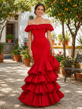Red Off Shoulder Ruffle Short Sleeve Tiered Mermaid Floor Length April Fair Dress front view