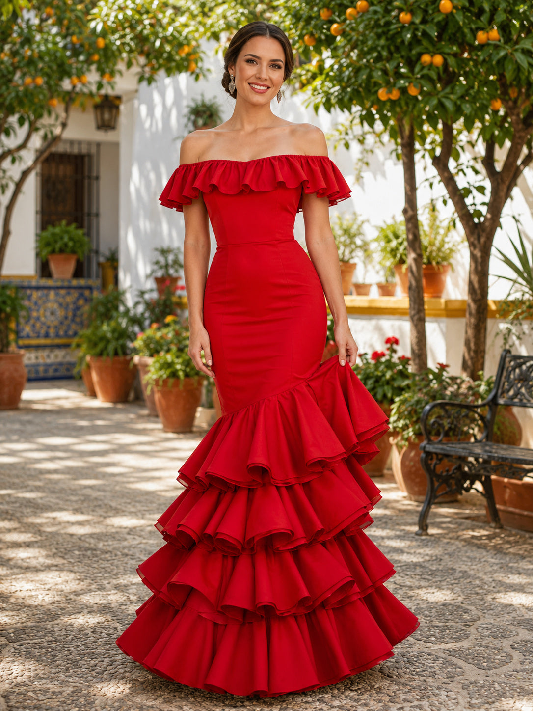 Red Off Shoulder Ruffle Short Sleeve Tiered Mermaid Floor Length April Fair Dress front view