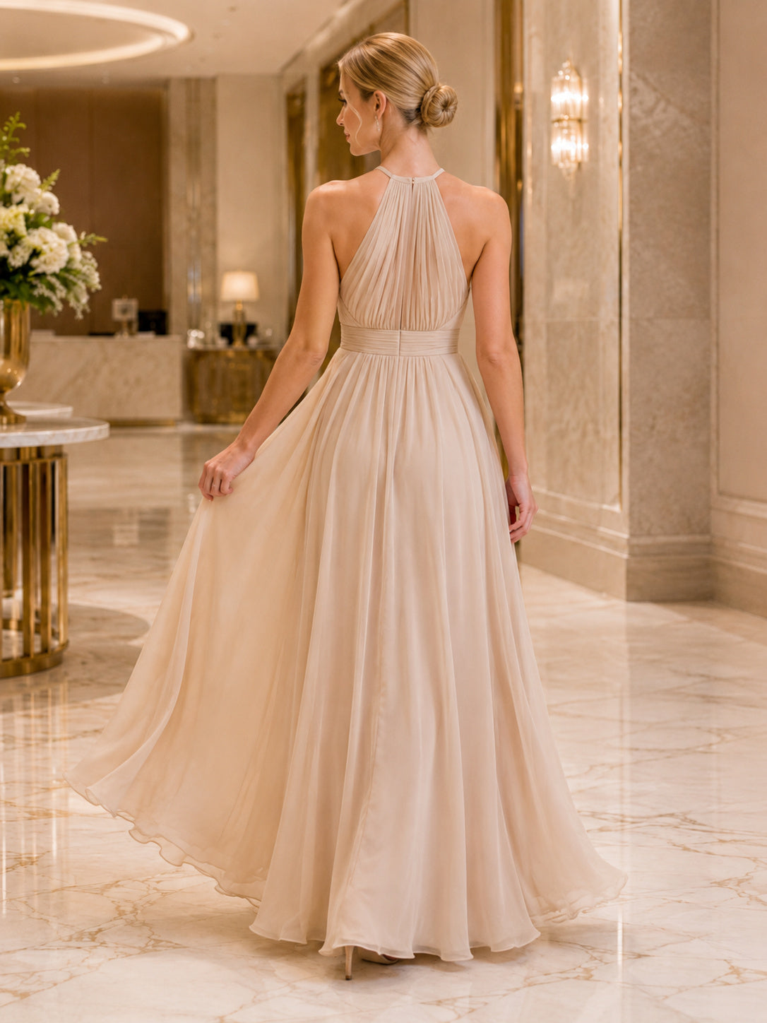 Champagne Halter Chiffon A Line Evening Dress back view