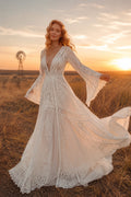 Ivory V-Neck Long Bell Sleeve Boho Lace A-Line Wedding Dress with Deep V Back and Train front view