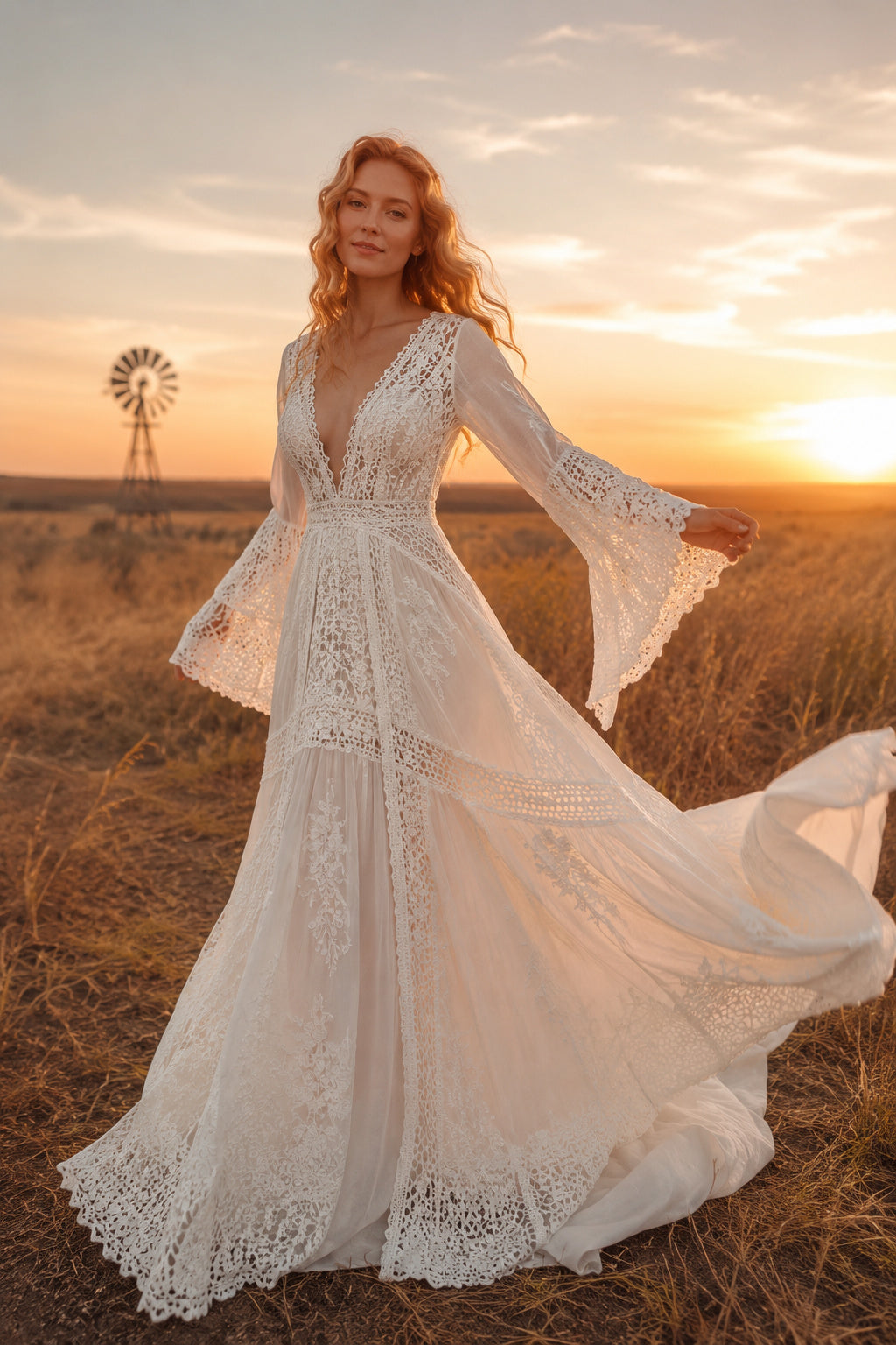 Ivory V-Neck Long Bell Sleeve Boho Lace A-Line Wedding Dress with Deep V Back and Train front view