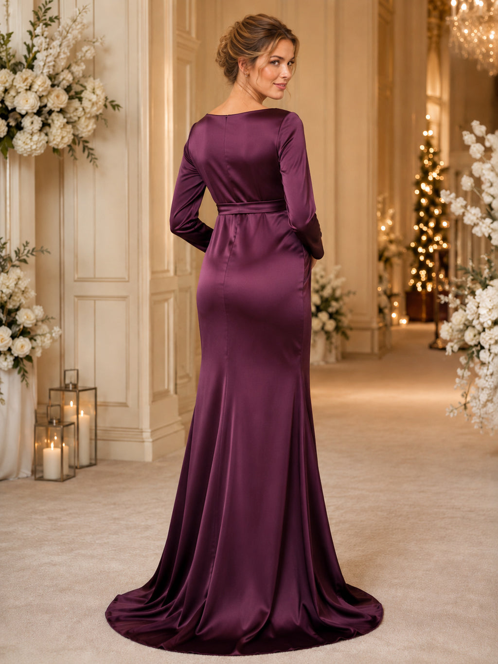 Plum Bateau Neck Long Sleeve Satin Mermaid Sweep Maternity Guest Gown back view