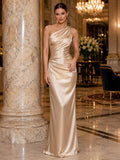 Champagne one shoulder draped satin floor length sheath gown front view
