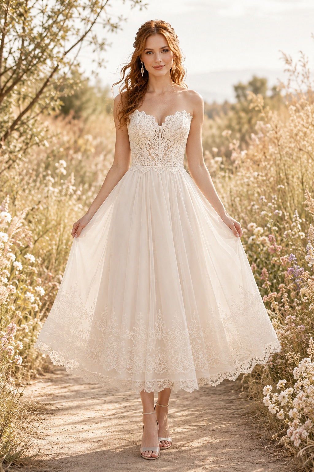 Ivory Strapless Lace Tulle Tea Length Wedding Dress for Wedding Reception and Party front view
