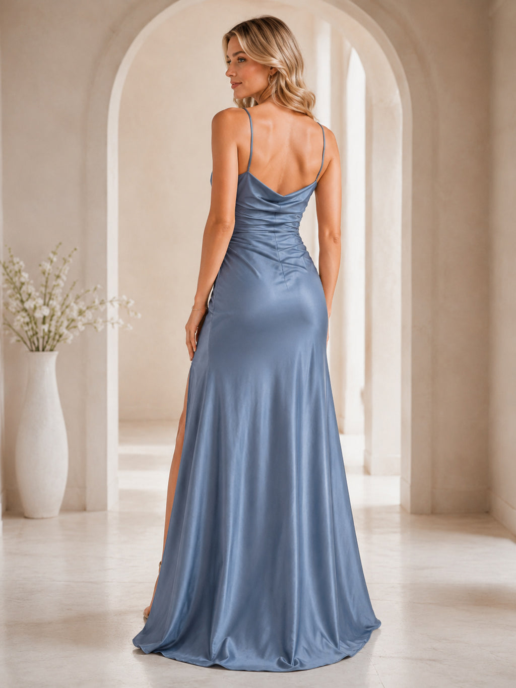 Dusty blue cowl neck satin sheath gown slit back view