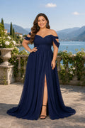 Navy Off-the-Shoulder Floor-Length Chiffon A-Line Dress