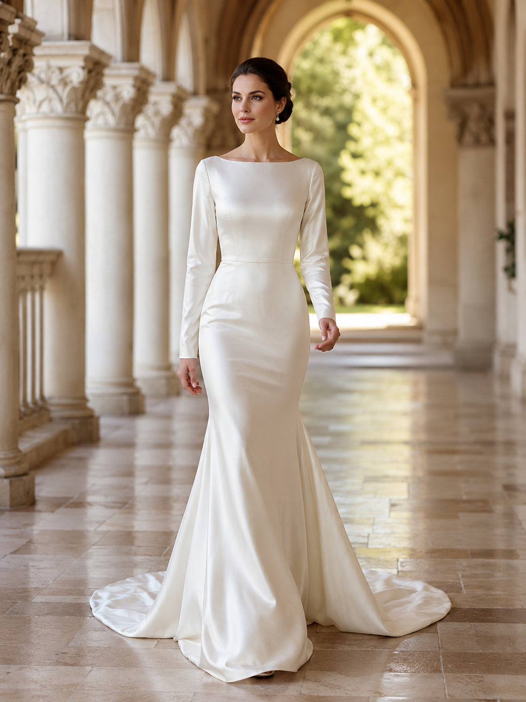 Bateau Long Sleeve Satin Mermaid Chapel Train Wedding Dress front view