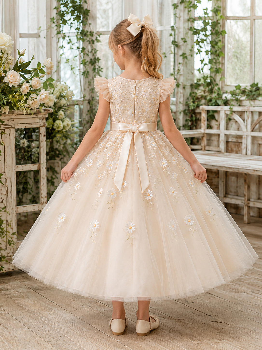 Champagne Daisy Flower Girl Dress with Flutter Sleeves, Embroidered Tulle A-Line, Full Tea-Length Skirt, and Bow Back back vi