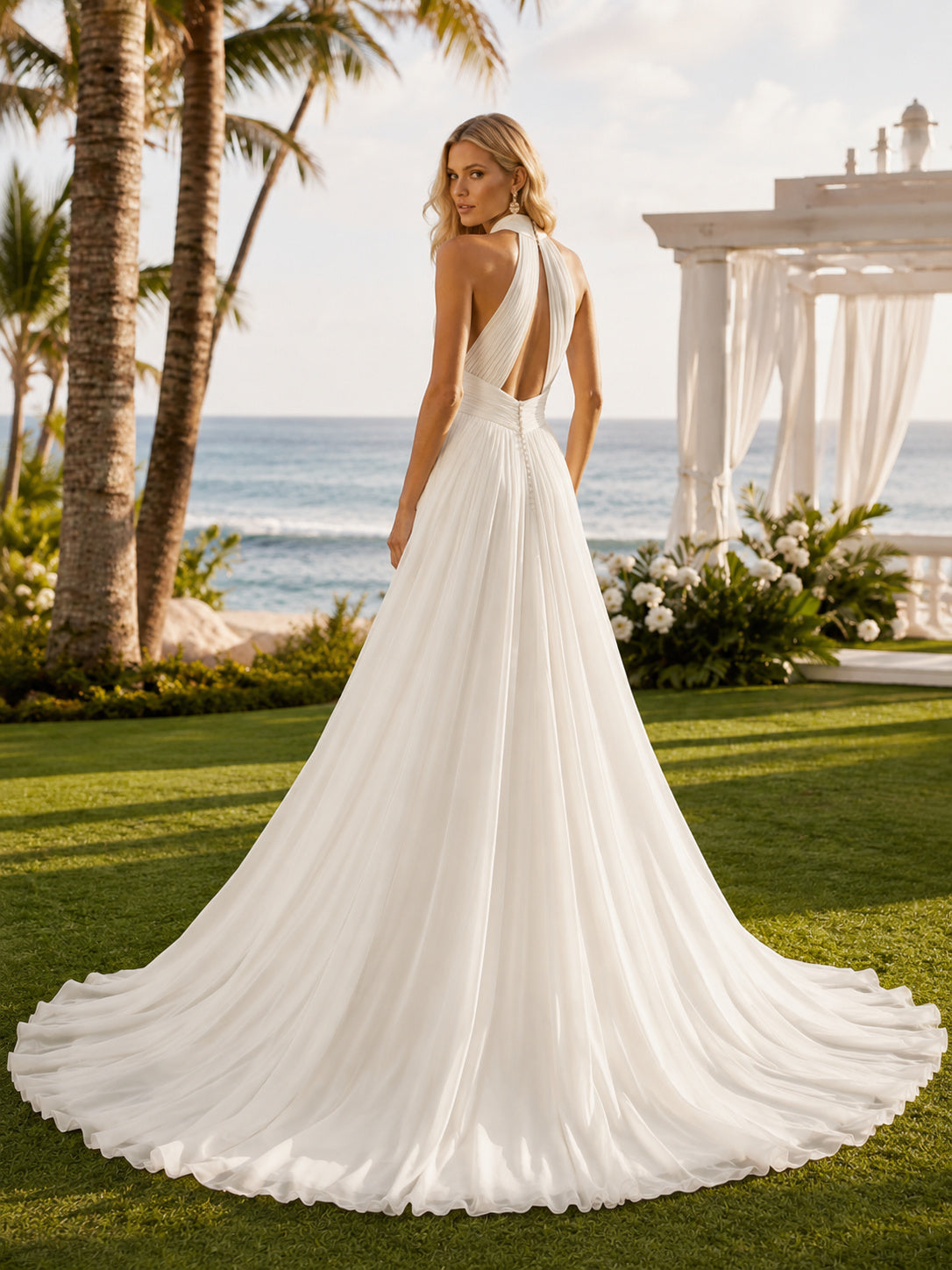 Beach Satin Chiffon Wedding Dress A-Line Halter Sleeveless Sweep Train Bridal Gown Style 721764 back view