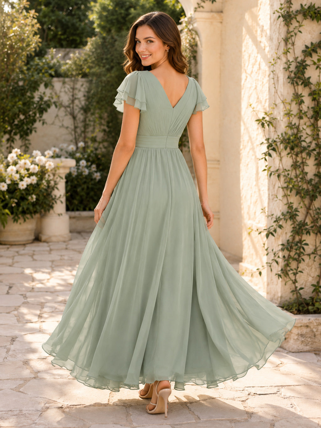 Sage Green Flutter Sleeve Chiffon Floor Length A Line Guest Dress back view