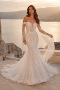 Wedding Mermaid Lace Dress with Off-Shoulder Long Sleeves and Chapel Train front view